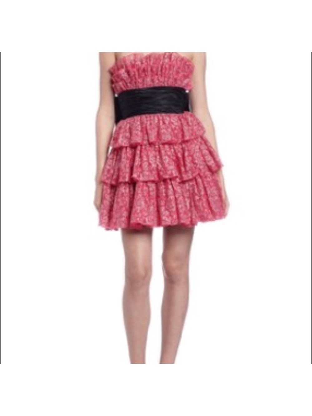 Betsey Johnson Pink Strapless Tiered Ruffle Dress with Black Waistband